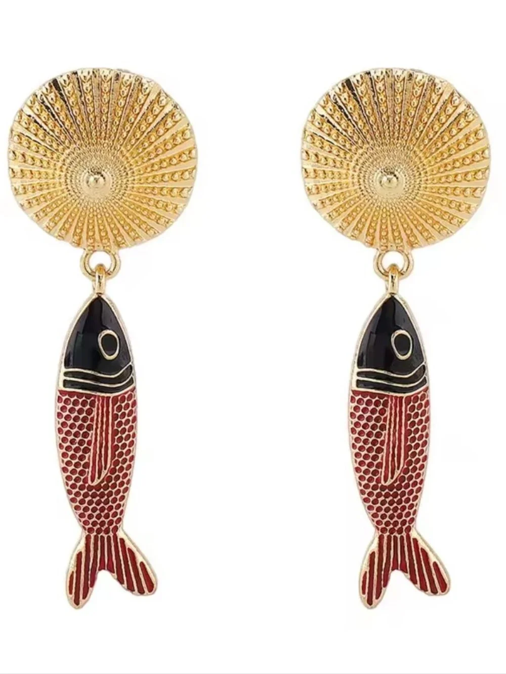 New! ZARA Gold Textured Disc Red Enamel Fish Dangle Statement Earrings •  NWOT - Picture 2 of 8